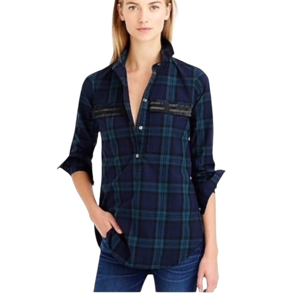J. Crew Plaid Button Down Shirt Beaded Pockets Blue & Green Size 2 #1806